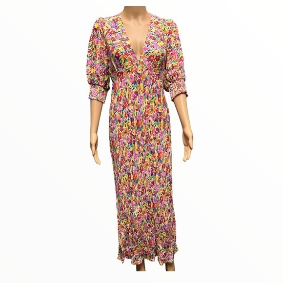 Multi Color Floral Puff Sleeve Midi Dress by RIXO Hidden back zip v neck Size 8 - Picture 1 of 12